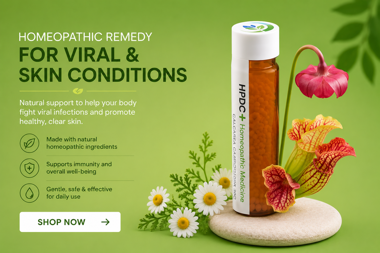HPDC+ homeopathic medicine pillules vial with pitcher plant flowers and chamomile