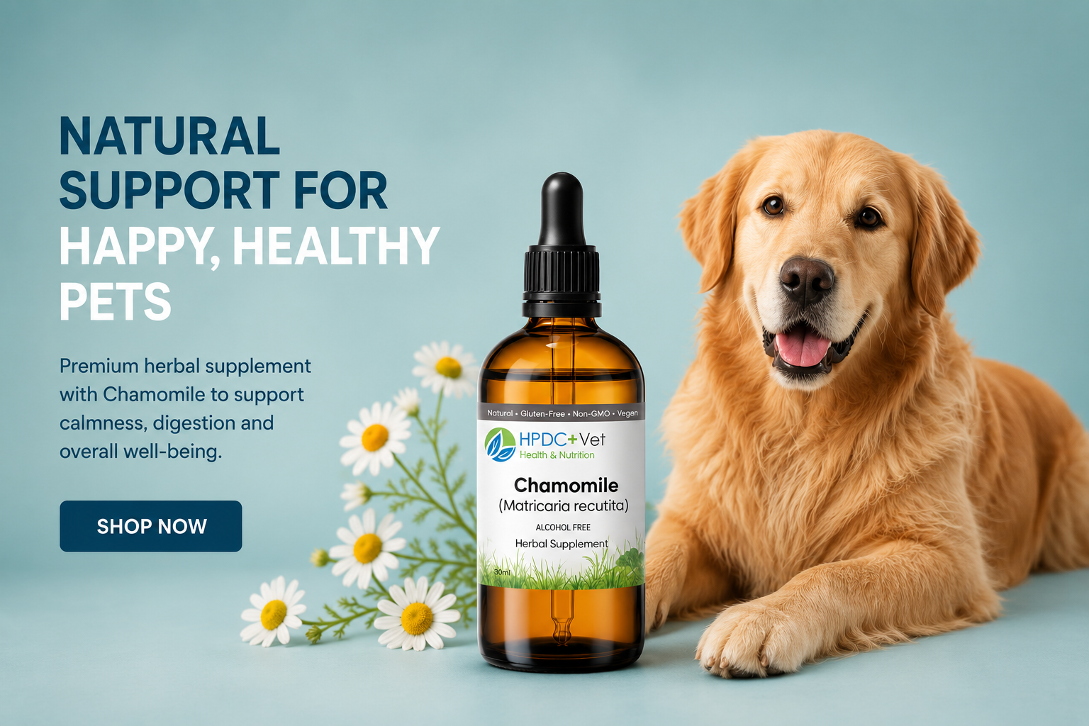 HPDC+Vet alcohol-free chamomile herbal supplement for pets with a golden retriever
